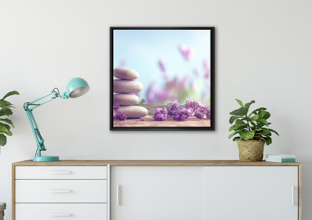 Lavendel Spa-Stillleben auf Leinwandbild gerahmt Quadratisch verschiedene Größen im Wohnzimmer
