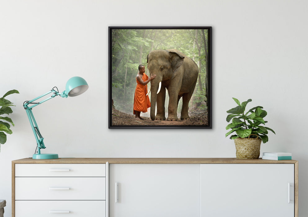 wunderschöner Elefant mit Mönch auf Leinwandbild gerahmt Quadratisch verschiedene Größen im Wohnzimmer