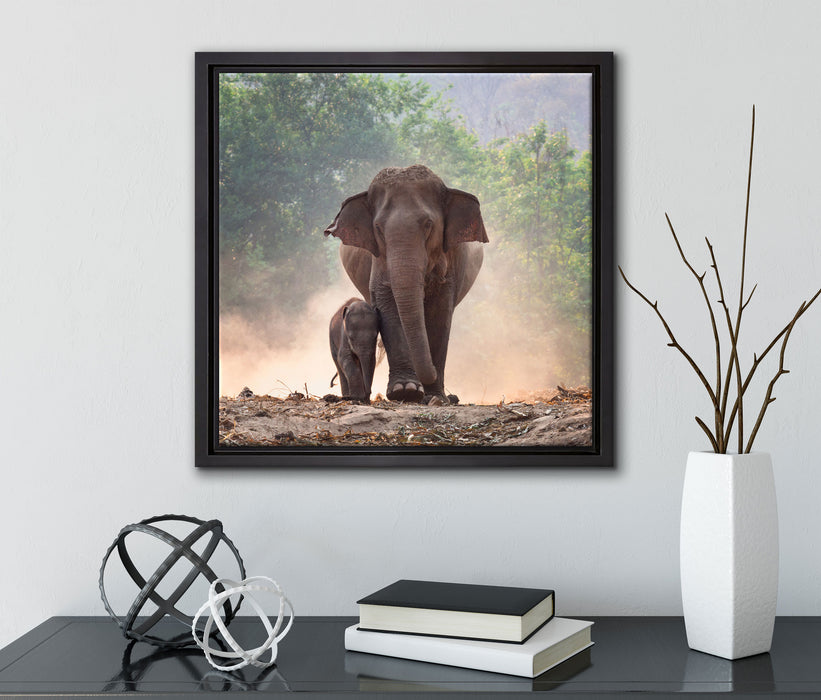 Elefantenbaby mit Mutter  auf Leinwandbild Quadratisch gerahmt mit Kirschblüten