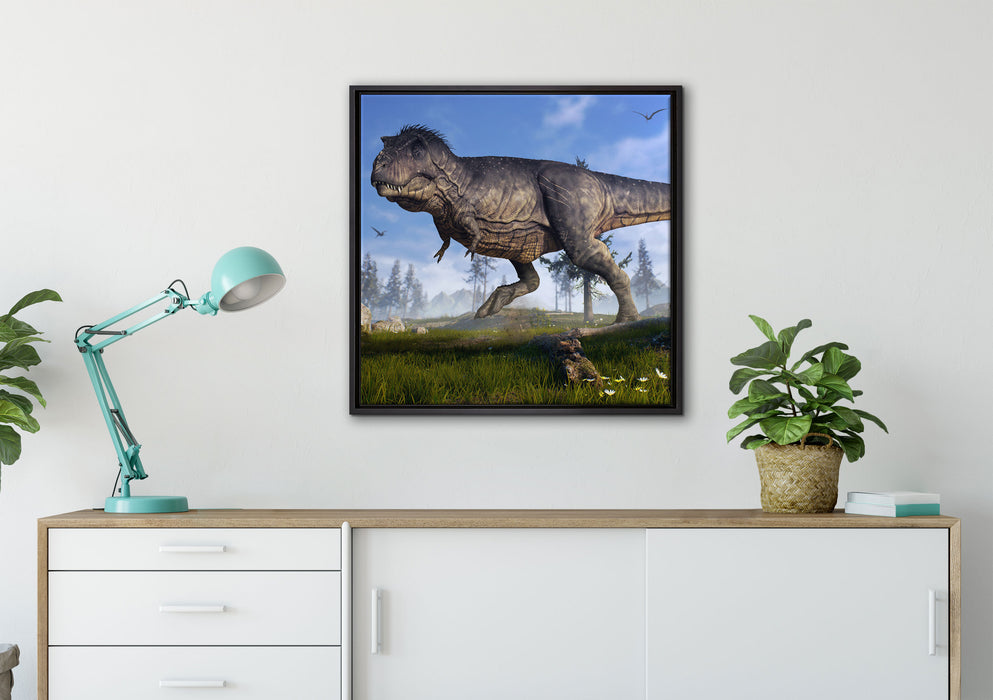 T-Rex Dinosaurier in der Natur auf Leinwandbild gerahmt Quadratisch verschiedene Größen im Wohnzimmer