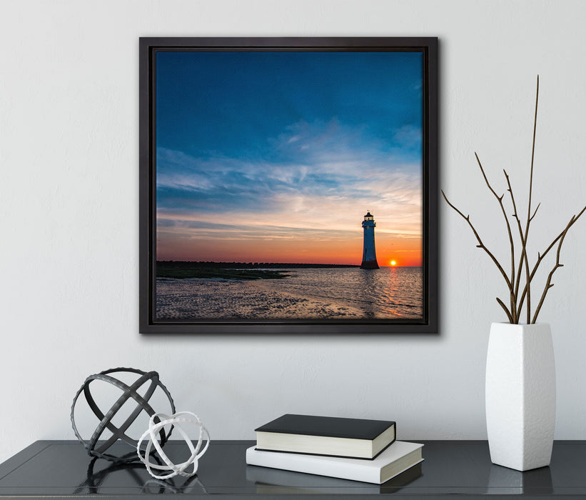 Leuchtturm im Sonnenuntergang  auf Leinwandbild Quadratisch gerahmt mit Kirschblüten