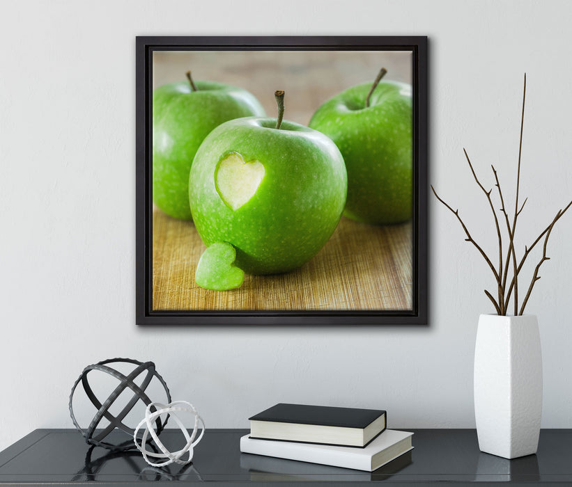 ein Herzchen im Apfel  auf Leinwandbild Quadratisch gerahmt mit Kirschblüten