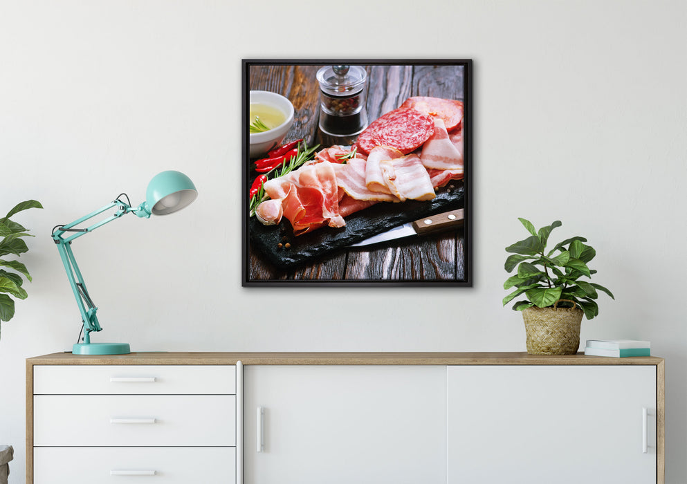 Antipasti Wurstsorten auf Leinwandbild gerahmt Quadratisch verschiedene Größen im Wohnzimmer