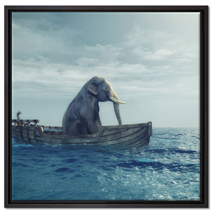 lustig sitzender Elefant im Boot auf Leinwandbild Quadratisch gerahmt Größe 60x60
