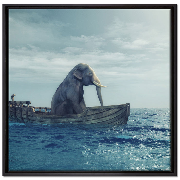lustig sitzender Elefant im Boot auf Leinwandbild Quadratisch gerahmt Größe 70x70