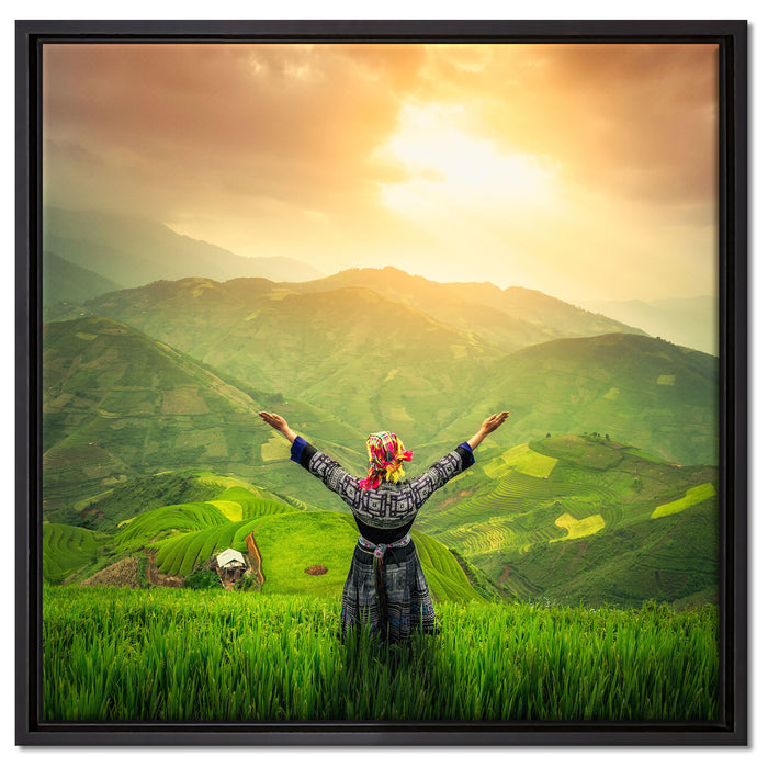 asiatische Berg Farm auf Leinwandbild Quadratisch gerahmt Größe 60x60