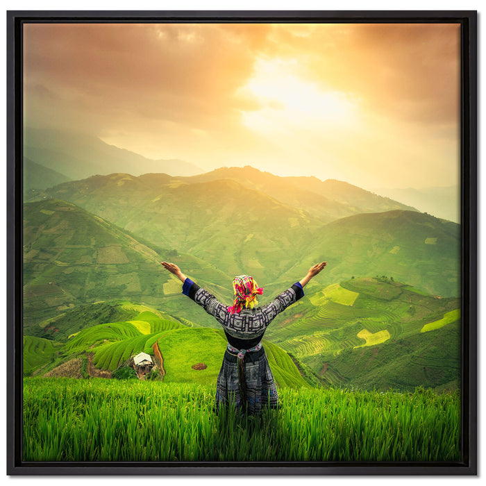 asiatische Berg Farm auf Leinwandbild Quadratisch gerahmt Größe 70x70