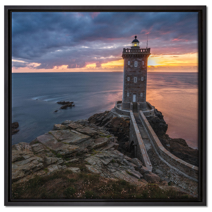 Leuchtturm im Sonnenuntergang auf Leinwandbild Quadratisch gerahmt Größe 60x60