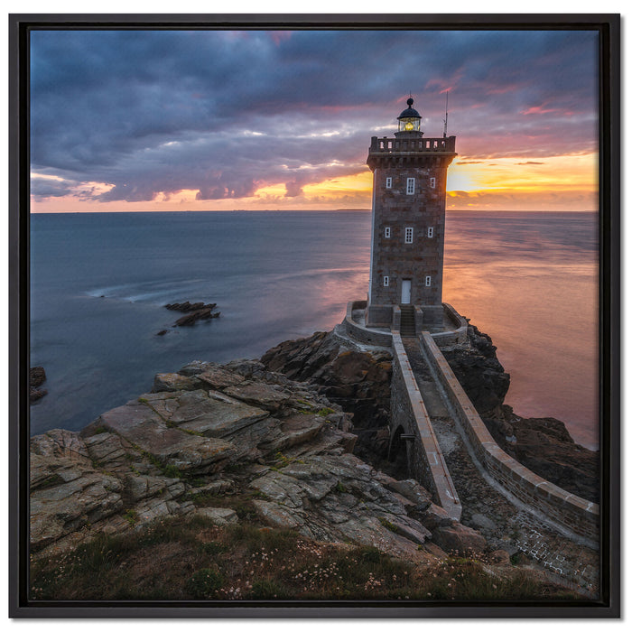 Leuchtturm im Sonnenuntergang auf Leinwandbild Quadratisch gerahmt Größe 70x70