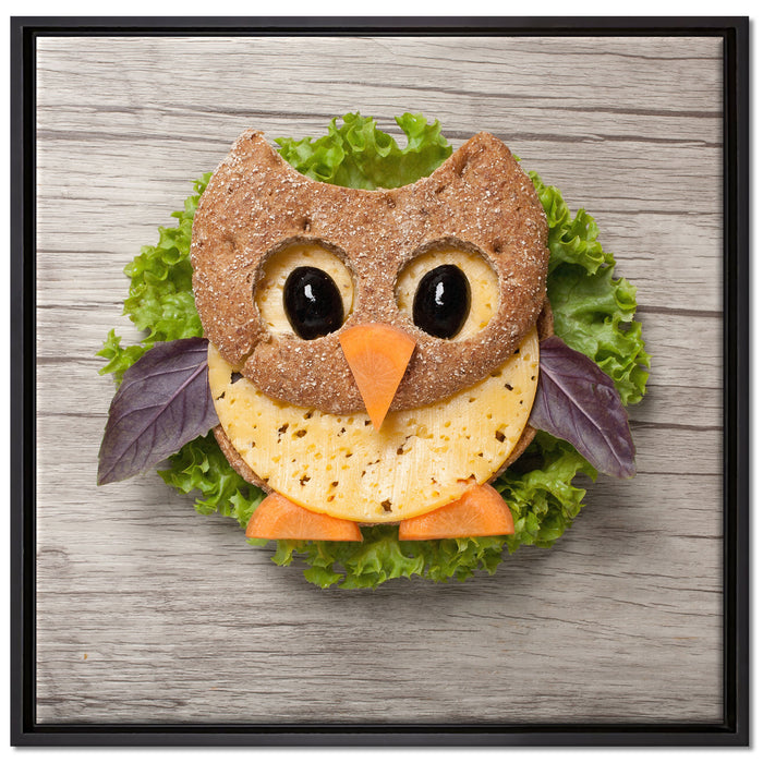 das lustige Eulen Sandwich auf Leinwandbild Quadratisch gerahmt Größe 70x70