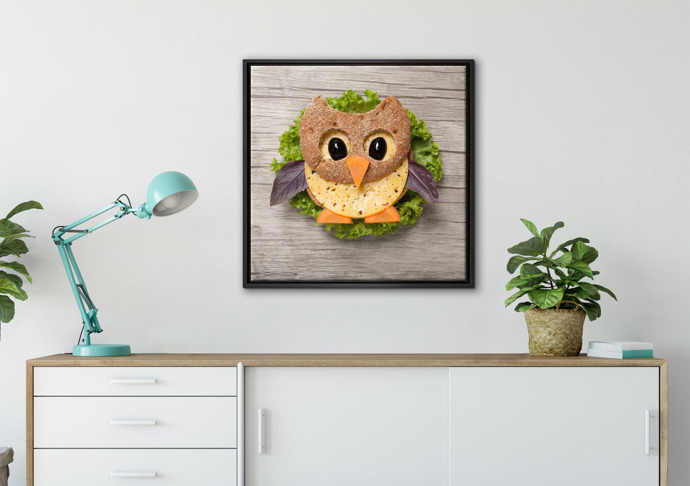 das lustige Eulen Sandwich auf Leinwandbild gerahmt Quadratisch verschiedene Größen im Wohnzimmer