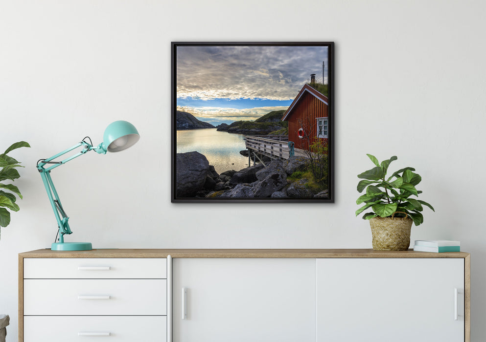 Sonnenaufgang am Fjord Norwegens auf Leinwandbild gerahmt Quadratisch verschiedene Größen im Wohnzimmer