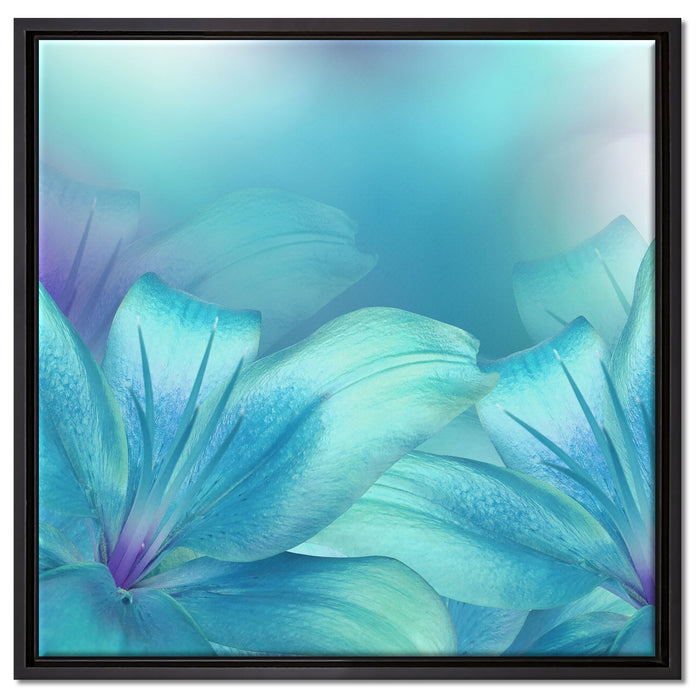 türkise Lilien auf Leinwandbild Quadratisch gerahmt Größe 60x60