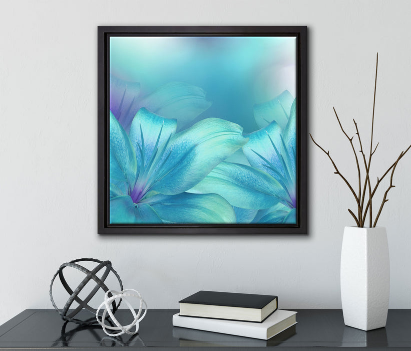 türkise Lilien  auf Leinwandbild Quadratisch gerahmt mit Kirschblüten