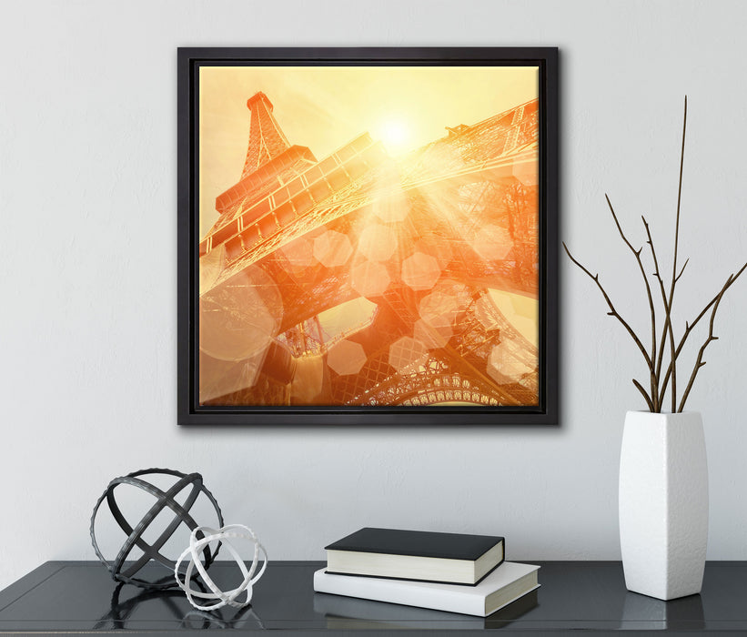Der Eiffelturm im Sonnenschein  auf Leinwandbild Quadratisch gerahmt mit Kirschblüten