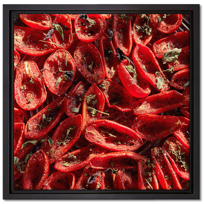 Tomaten Olivenöl Kräuter auf Leinwandbild Quadratisch gerahmt Größe 40x40