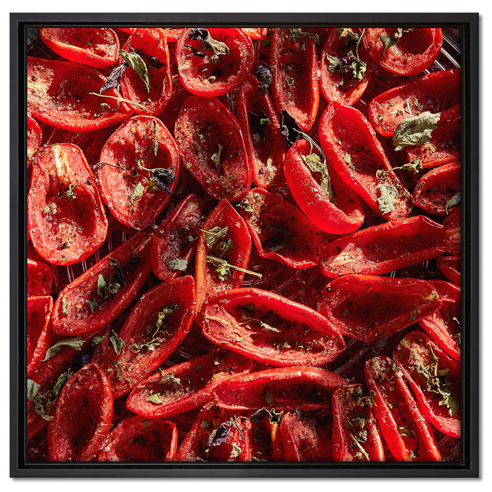 Tomaten Olivenöl Kräuter auf Leinwandbild Quadratisch gerahmt Größe 60x60