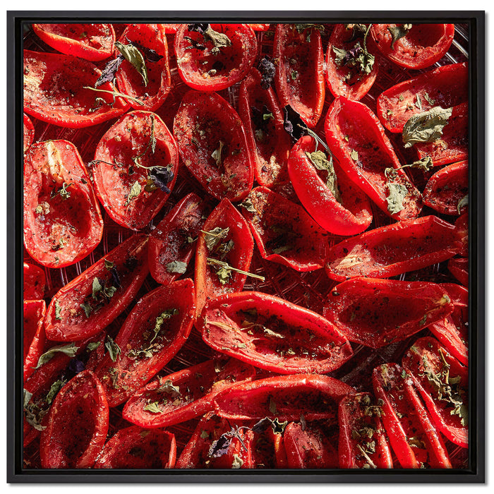 Tomaten Olivenöl Kräuter auf Leinwandbild Quadratisch gerahmt Größe 70x70