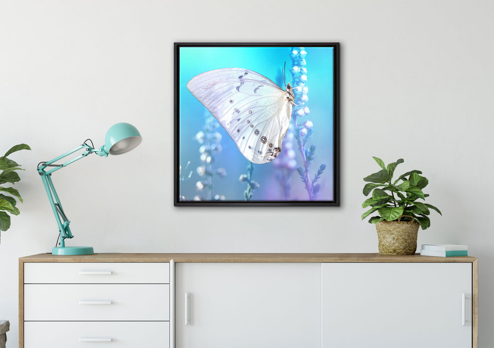 Schmetterling auf Blütenknospen auf Leinwandbild gerahmt Quadratisch verschiedene Größen im Wohnzimmer