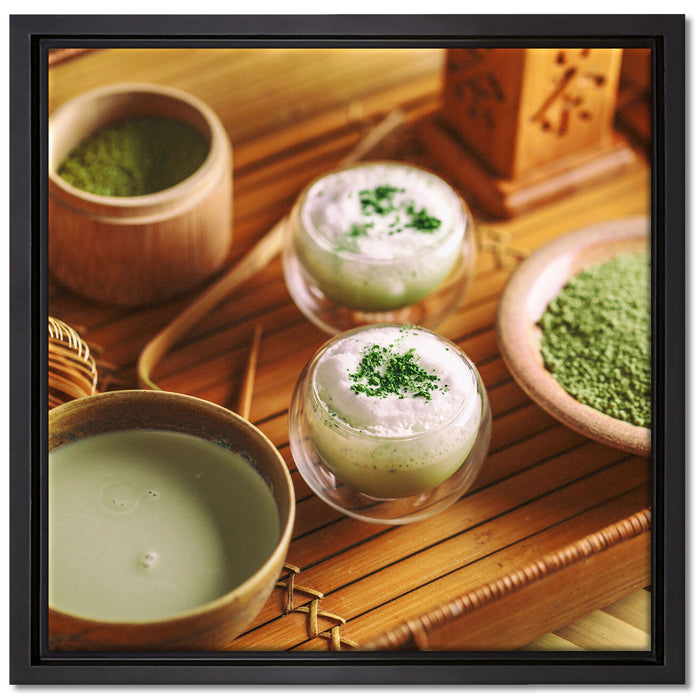 schön dekorierter Matcha Tee auf Leinwandbild Quadratisch gerahmt Größe 40x40