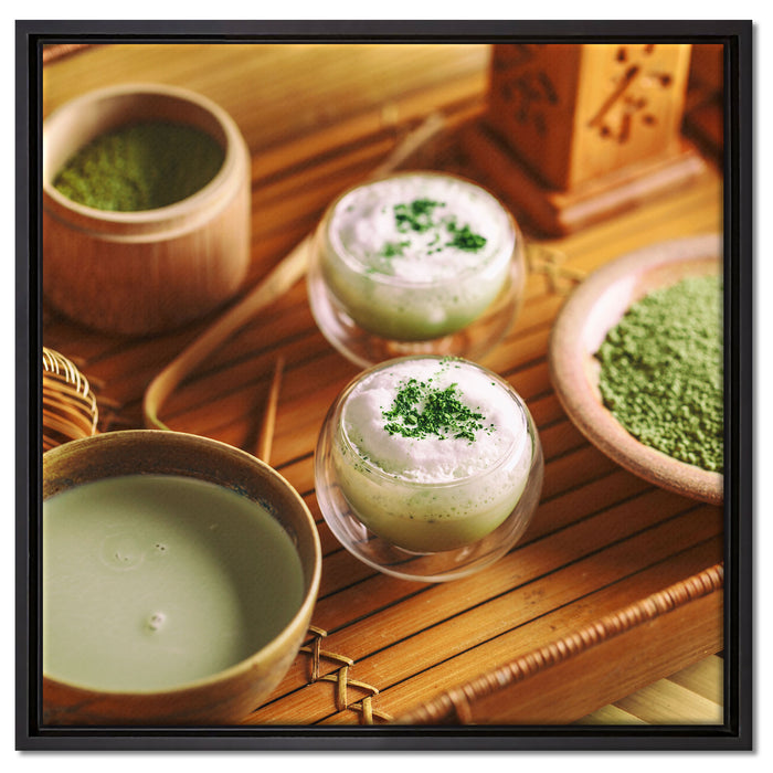 schön dekorierter Matcha Tee auf Leinwandbild Quadratisch gerahmt Größe 60x60