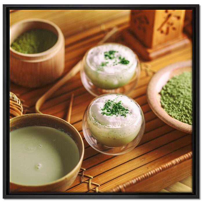 schön dekorierter Matcha Tee auf Leinwandbild Quadratisch gerahmt Größe 70x70