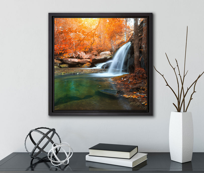 Wasserfall im Wald  auf Leinwandbild Quadratisch gerahmt mit Kirschblüten