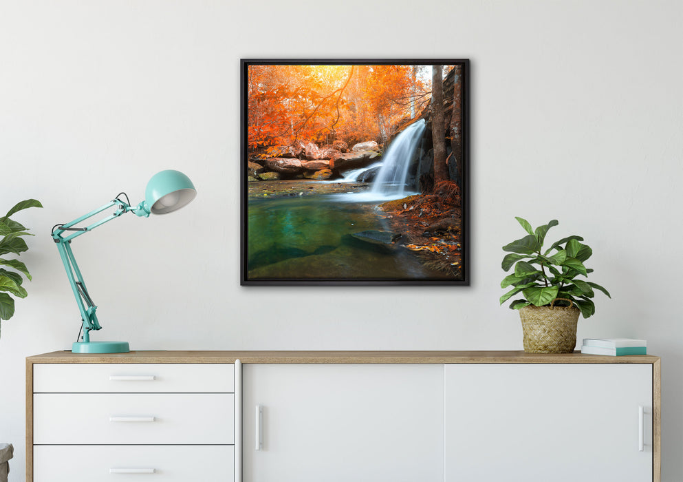 Wasserfall im Wald auf Leinwandbild gerahmt Quadratisch verschiedene Größen im Wohnzimmer