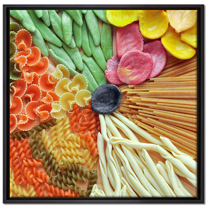 Zusammenstellung von bunten Nudeln auf Leinwandbild Quadratisch gerahmt Größe 70x70