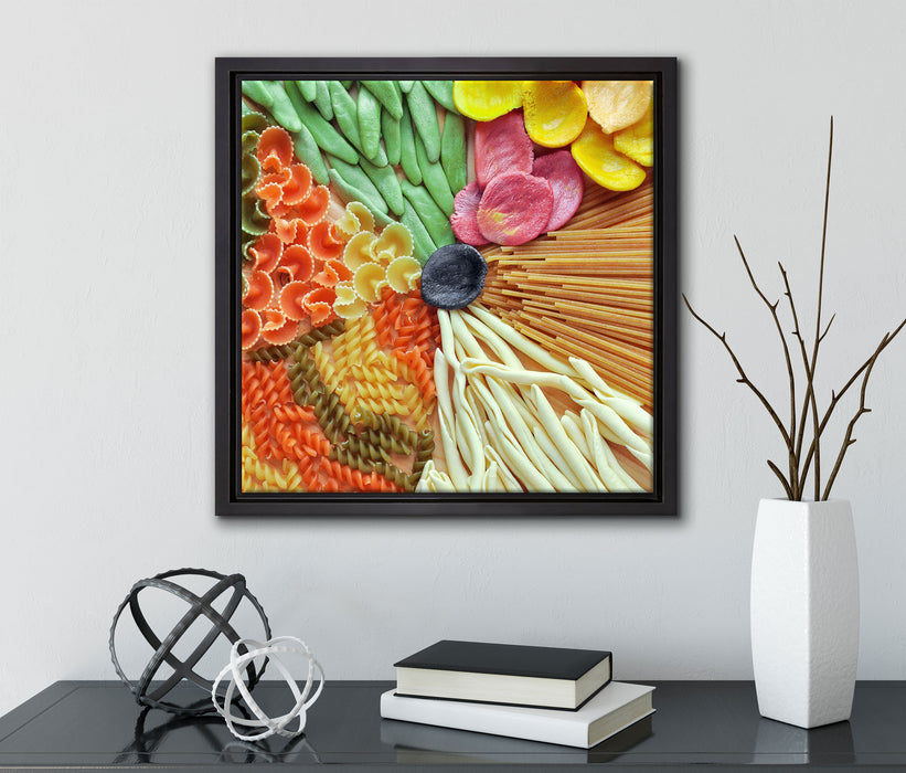 Zusammenstellung von bunten Nudeln  auf Leinwandbild Quadratisch gerahmt mit Kirschblüten