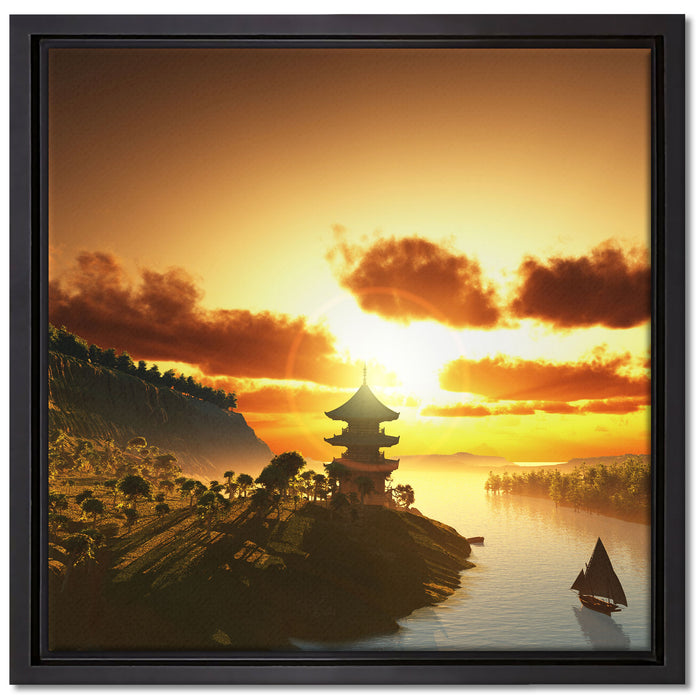 Chinesisches Haus am See auf Leinwandbild Quadratisch gerahmt Größe 40x40