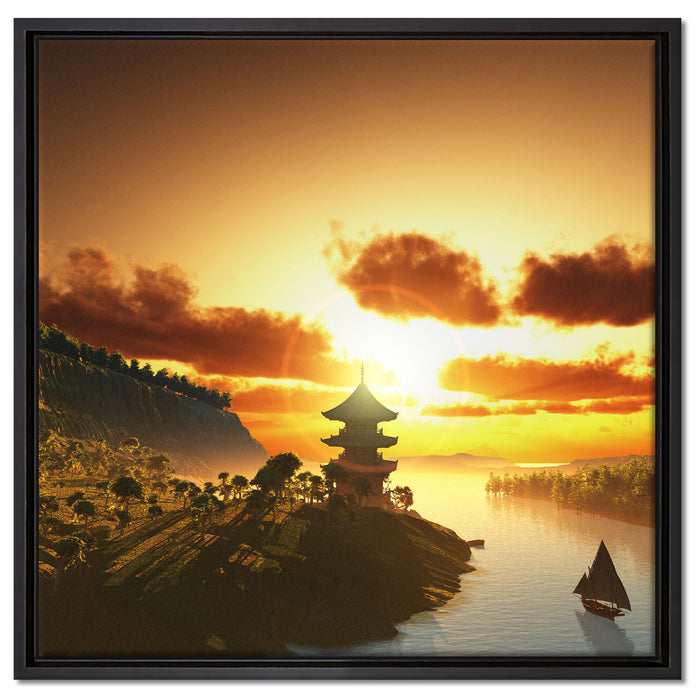 Chinesisches Haus am See auf Leinwandbild Quadratisch gerahmt Größe 60x60