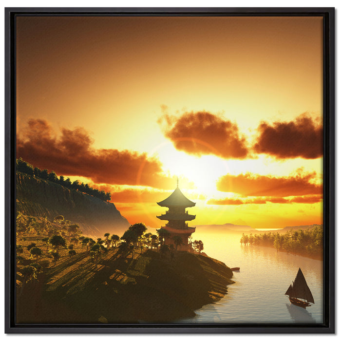 Chinesisches Haus am See auf Leinwandbild Quadratisch gerahmt Größe 70x70
