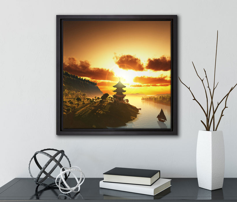 Chinesisches Haus am See  auf Leinwandbild Quadratisch gerahmt mit Kirschblüten