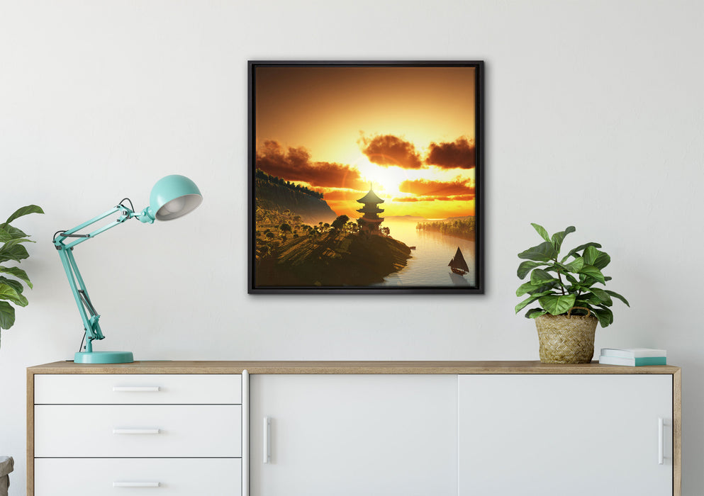 Chinesisches Haus am See auf Leinwandbild gerahmt Quadratisch verschiedene Größen im Wohnzimmer