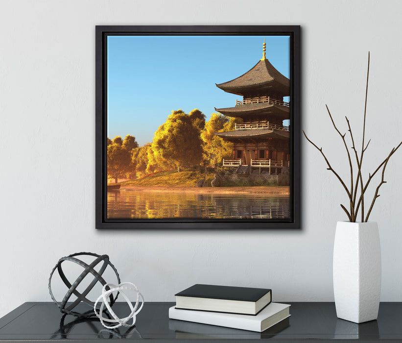asiatischer Tempel an See  auf Leinwandbild Quadratisch gerahmt mit Kirschblüten