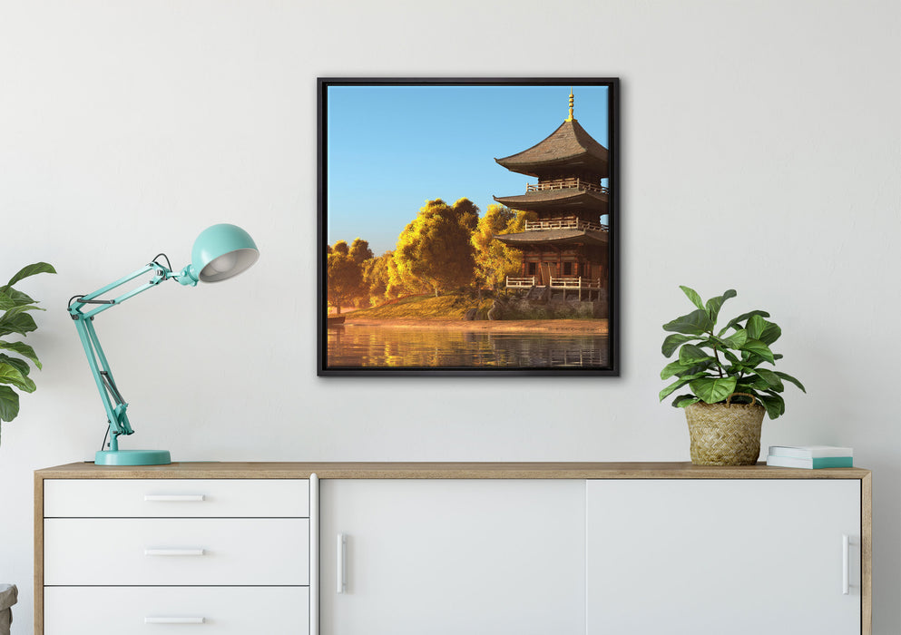 asiatischer Tempel an See auf Leinwandbild gerahmt Quadratisch verschiedene Größen im Wohnzimmer