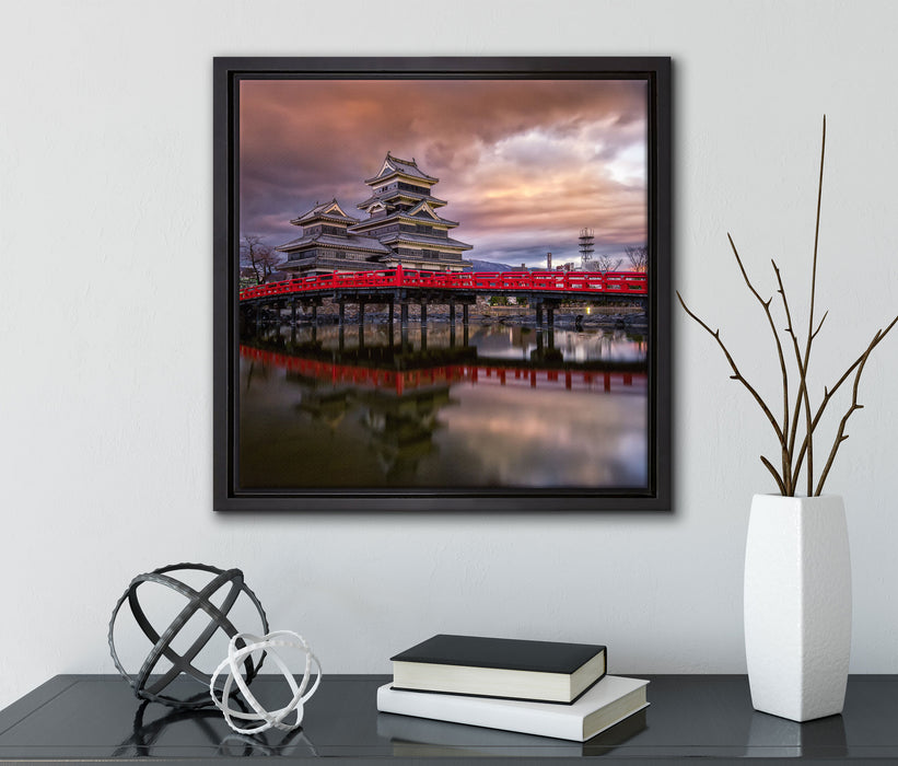 asiatischer Tempel an See  auf Leinwandbild Quadratisch gerahmt mit Kirschblüten