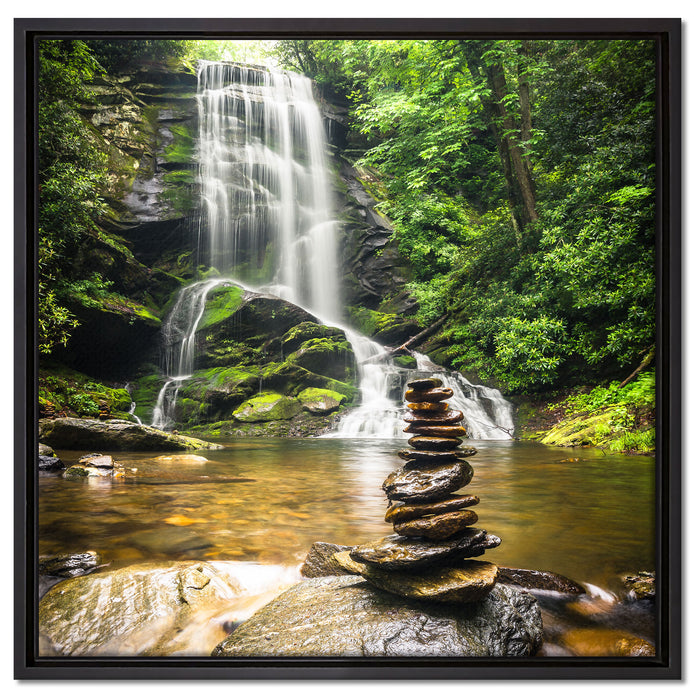 Zen Steine vor Wasserfall auf Leinwandbild Quadratisch gerahmt Größe 60x60