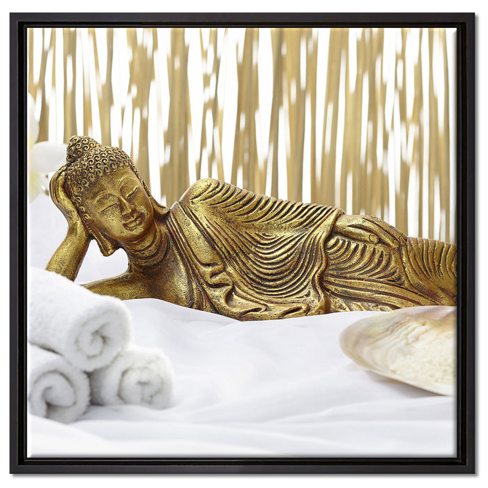 goldener Buddha auf Handtuch auf Leinwandbild Quadratisch gerahmt Größe 60x60