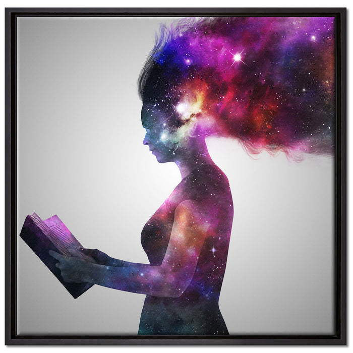 abstrakte Frau mit Buch auf Leinwandbild Quadratisch gerahmt Größe 70x70