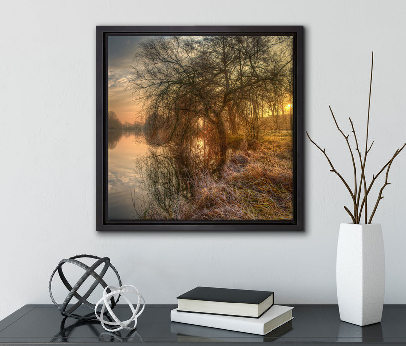 Landschaft im Morgengrauen  auf Leinwandbild Quadratisch gerahmt mit Kirschblüten