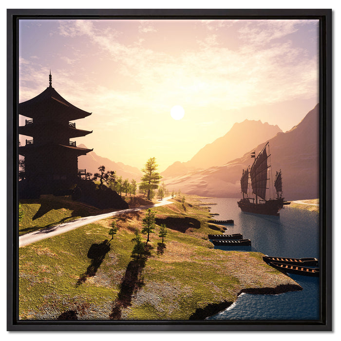 asiatischer Tempel an Fluss auf Leinwandbild Quadratisch gerahmt Größe 60x60