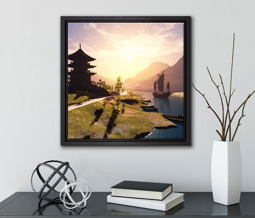 asiatischer Tempel an Fluss  auf Leinwandbild Quadratisch gerahmt mit Kirschblüten