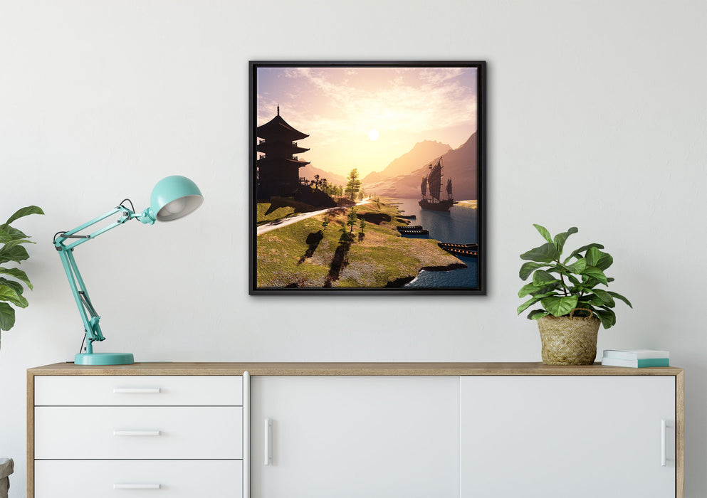 asiatischer Tempel an Fluss auf Leinwandbild gerahmt Quadratisch verschiedene Größen im Wohnzimmer