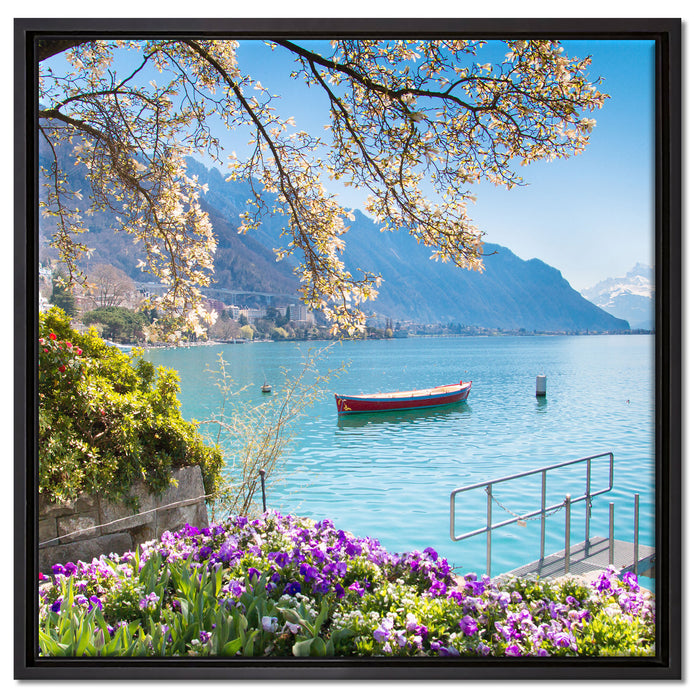 Genfer See im Sonnenschein auf Leinwandbild Quadratisch gerahmt Größe 60x60