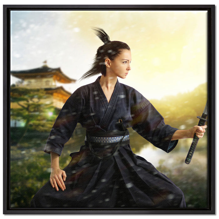 Samurai-Kriegerin Schnee auf Leinwandbild Quadratisch gerahmt Größe 70x70