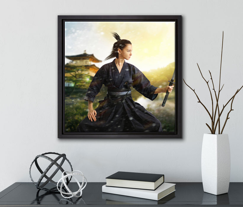 Samurai-Kriegerin Schnee  auf Leinwandbild Quadratisch gerahmt mit Kirschblüten