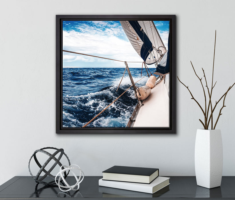 Die weißen Segel der Yacht  auf Leinwandbild Quadratisch gerahmt mit Kirschblüten