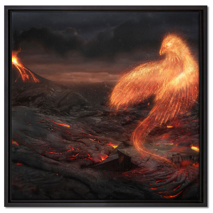 Brennender Phönix Vulkanlandschaft auf Leinwandbild Quadratisch gerahmt Größe 60x60